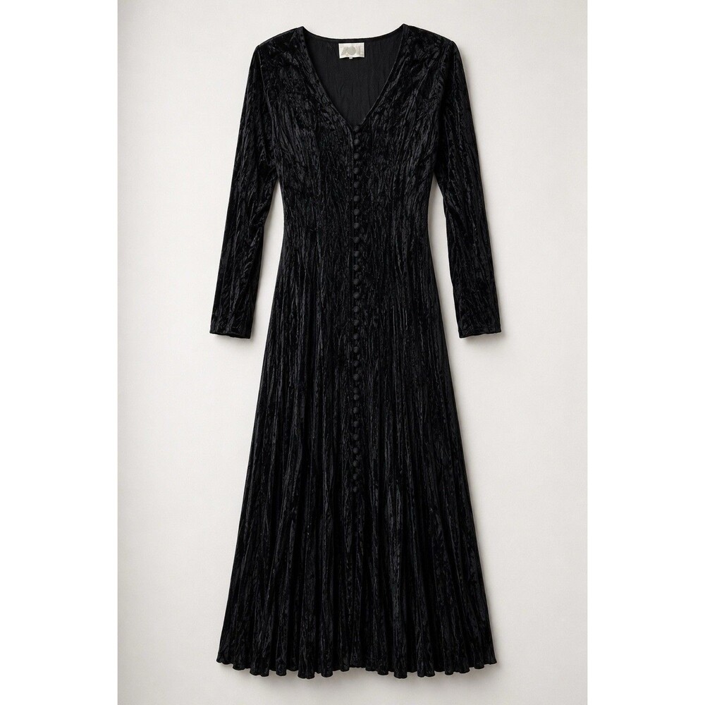 Vintage 90s Black Crinkle Velvet Maxi Dress Corset Back Goth Witchy Made USA